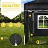 A black pop-up gazebo with promotional text and icons highlighting its features. Produktbild-Vorschau
