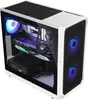 A white gaming PC with RGB lighting visible through a glass side panel. Produktbild-Vorschau