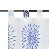 A close-up view of a white curtain with a blue circular pattern, hanging from a black rod. Produktbild-Vorschau