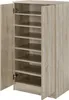 A tall, narrow shoe cabinet with two doors, one open, revealing multiple shelves. Produktbild-Vorschau