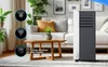 A mobile air conditioner is shown in a living room setting, with icons and text highlighting its features. Produktbild-Vorschau