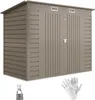 A brown metal shed with double doors, ventilation grilles, and a lock. A padlock and keys, and a pair of white gloves are placed in the foreground. Produktbild-Vorschau