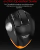 A black trackball mouse with a silver trackball and orange lighting at the base, set against a black background. Text describes its features. Produktbild-Vorschau