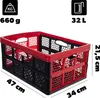 A red and black folding storage crate is shown with dimensions and capacity information displayed. Produktbild-Vorschau