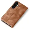 A brown leather flip case for a smartphone, shown from a diagonal angle. Produktbild-Vorschau