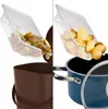 A split image showing kitchen items. On the left, a brown compost bin with a clear container of food scraps being poured into it. On the right, a blue pot with a clear container of potatoes being poured into it. Produktbild-Vorschau