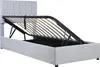 A grey upholstered bed frame with the mattress support mechanism lifted to reveal the storage space underneath. Produktbild-Vorschau