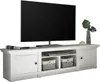 A white TV lowboard with a television on top. Produktbild-Vorschau
