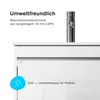 A close-up view of a white bathroom cabinet with a faucet and text highlighting its eco-friendly features. Produktbild-Vorschau