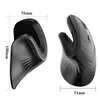 Two views of a black ergonomic vertical mouse with dimensions indicated. Produktbild-Vorschau