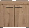 A close-up front view of a wooden cabinet with four doors and silver handles. Produktbild-Vorschau