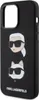 A black iPhone case with cartoon illustrations of Karl Lagerfeld and his cat Choupette, along with the brand name. Produktbild-Vorschau