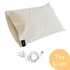A pillow with a cable and plug accessory, and a circular overlay with dimensions. Produktbild-Vorschau