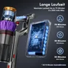 A close-up of a cordless vacuum cleaner's internal components and battery pack, with text highlighting its runtime. Produktbild-Vorschau
