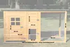 A wooden chicken coop with dimensions labeled. Produktbild-Vorschau