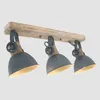 A three-light ceiling fixture with a wooden beam and industrial-style metal shades. Anteprima dell’immagine prodotto