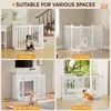 A collage of four images showing a white wooden dog gate used in different home settings: by stairs, in a living room, beside a fireplace, and near plants. Podgląd zdjęcia produktu