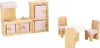 A wooden dollhouse kitchen set and a separate wooden dollhouse dining set are displayed against a white background. Podgląd zdjęcia produktu