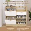 A shoe cabinet with multiple storage options, including flip-down drawers and open shelves, is shown with shoes organized within. Voir les images du produit