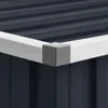 A close-up view of the corner of a dark gray corrugated metal structure, possibly a shed or storage unit, with a white trim and a gray corner protector. Produktbild-Vorschau