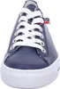 A close-up front view of a blue leather sneaker with white laces. Anteprima dell’immagine prodotto