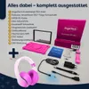 A flat lay of a tablet, headphones, and various accessories, presented with a list of included items. Produktbild-Vorschau