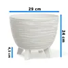 A white planter with textured sides and three legs, with dimensions indicated by blue arrows and text. Produktbild-Vorschau