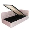 A pink upholstered bed frame with the mattress support mechanism open, revealing the storage space underneath. Anteprima dell’immagine prodotto