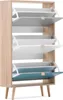 A multi-tiered shoe cabinet with a wood-grain frame and alternating gray, white, and teal shelves. The cabinet has angled legs and is shown with several of its shelves open. Produktbild-Vorschau