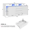 A diagram showing the dimensions of a white sideboard with LED lighting, along with a separate diagram of a drawer. Voir les images du produit
