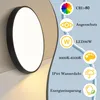 A round LED ceiling light is shown on a wall, with a graphic overlay detailing its features. Produktbild-Vorschau