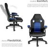 A marketing image showing a gaming chair from two different angles, with text highlighting its features. Náhled obrázku produktu