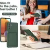 Collage of images showing a green phone case with a card slot, a woman using a phone, and a close-up of the case. Produktbild-Vorschau
