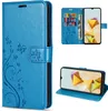 A collage of images showing a blue flip phone case with a floral and butterfly design, including a view of the case open with cards and cash inserted, and a view of the case folded to act as a stand for a phone. Produktbild-Vorschau