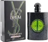 Schwarzer Flakon mit grünem Sichtfenster neben passender Box mit glitzerndem YSL-Logo und Schriftzug „Black Opium Illicit Green“. Produktbild-Vorschau