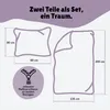 Diagram showing the dimensions of a two-piece bedding set, including a pillow and a duvet, with a close-up of a zipper. Produktbild-Vorschau