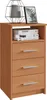 A wooden chest of drawers with three drawers and an open shelf on top, decorated with books, a lamp, and a framed picture. Produktbild-Vorschau