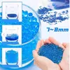 A collage of images showing blue gel beads in various stages of hydration and being held in hands, with text indicating size. Produktbild-Vorschau