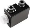 A close-up studio shot of a black plumbing fitting with two silver threaded connectors and a white knob. Produktbild-Vorschau
