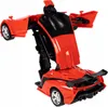 A red and black toy robot that can transform into a car, shown in its partially transformed state. Produktbild-Vorschau