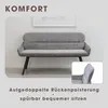 A grey upholstered bench with black legs is shown in a room setting, with a close-up inset of the backrest. Produktbild-Vorschau