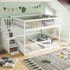 A white bunk bed with stairs and storage is set up in a child's room with light green walls and decorative flags. Voir les images du produit
