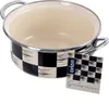 A black and white checkered enamel pot with silver handles is shown against a white background. A tag with the brand name and product details is attached to the pot. Produktbild-Vorschau