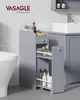 A narrow, gray bathroom cabinet with pull-out shelves filled with toiletries is shown next to a toilet and under a sink. Produktbild-Vorschau
