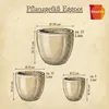 Diagram showing three different sizes of ceramic plant pots with dimensions and volume indicated. Anteprima dell’immagine prodotto