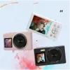 Three digital cameras are displayed against a light blue and white background with abstract colorful paint splatters. Produktbild-Vorschau
