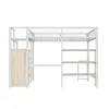 A white metal loft bed with a desk and shelves, featuring a light wood panel on one side. Náhled obrázku produktu