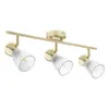 A three-light ceiling spotlight fixture with adjustable heads, featuring a gold-finished metal bar and base, and clear ribbed glass shades. Produktbild-Vorschau