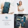 Collage of images showing a blue wallet-style phone case, a woman holding a similar case, and a close-up of the case's interior card slots and cash compartment. Produktbild-Vorschau