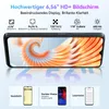 A smartphone is displayed with its features highlighted through text and icons. Produktbild-Vorschau